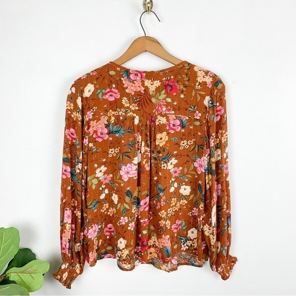 Cupcakes & Cashmere Orange Floral Metallic Stripe Blouse Sz XS - Picture 3 of 9